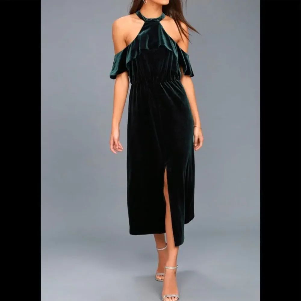 ALI & JAY green velvet off shoulders ruffle maxi dress M